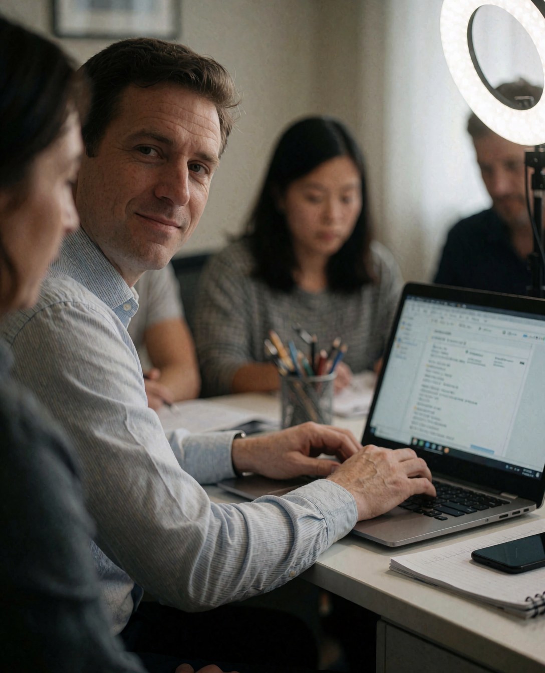 Un homme travaille sur un ordinateur portable à un bureau de bureau avec un éclairage d'anneau, d'autres collègues en arrière-plan, ambiance professionnelle et moderne.