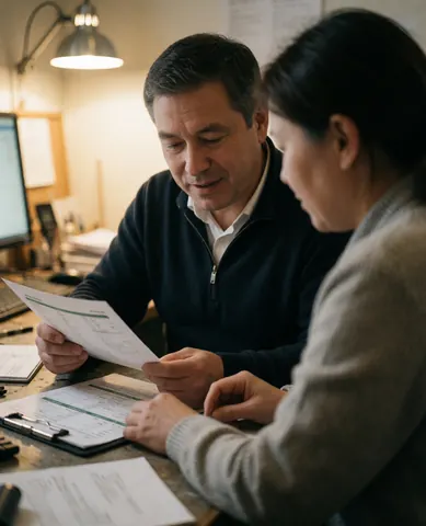Un homme et une femme analysent des papiers sur un bureau avec un ordinateur, dans un environnement de travail professionnel et chaleureux.