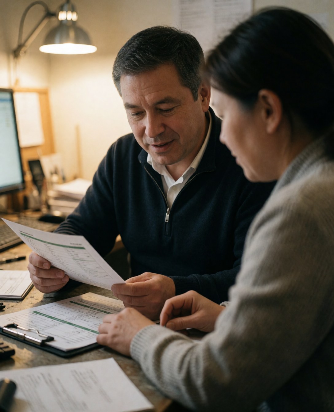 Un homme et une femme analysent des papiers sur un bureau avec un ordinateur, dans un environnement de travail professionnel et chaleureux.