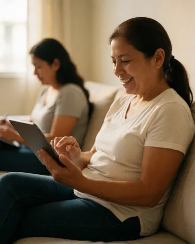 Une femme souriante et détendue utilise une tablette dans son salon, illustrant la satisfaction client et l'usage du logiciel.