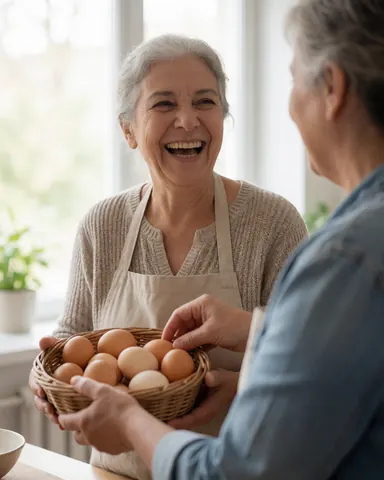 Une femme souriante reçoit une cage d'oeufs des mains d'une autre personne dans une cuisine baignée de lumière naturelle avec une plante en arrière-plan.