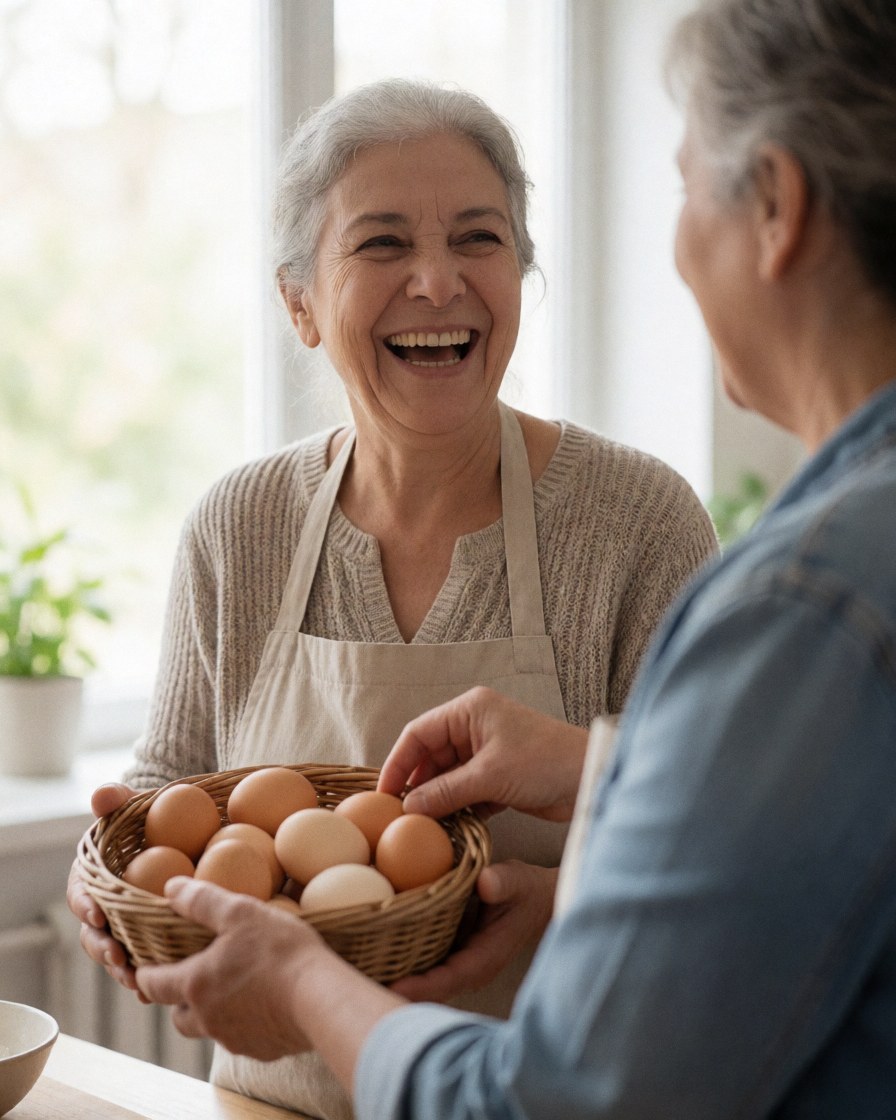Une femme souriante reçoit une cage d'oeufs des mains d'une autre personne dans une cuisine baignée de lumière naturelle avec une plante en arrière-plan.