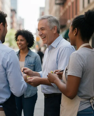 Un groupe de collègues partageant un repas en extérieur, souriant et interagissant avec des appareils électroniques, devant des bâtiments urbains.