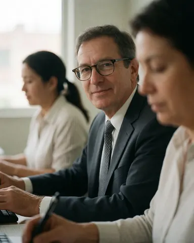 Homme d'affaires portant des lunettes et un costume travaillant sur un ordinateur dans un bureau moderne avec d'autres personnes, dans un environnement professionnel éclairé par la lumière naturelle.