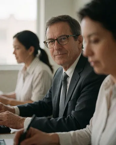 Homme d'affaires portant des lunettes et un costume travaillant sur un ordinateur dans un bureau moderne avec d'autres personnes, dans un environnement professionnel éclairé par la lumière naturelle.