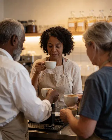 Une cliente souriante déguste une tasse de café dans un cadre urbain agréable, profitant d'un moment de détente.