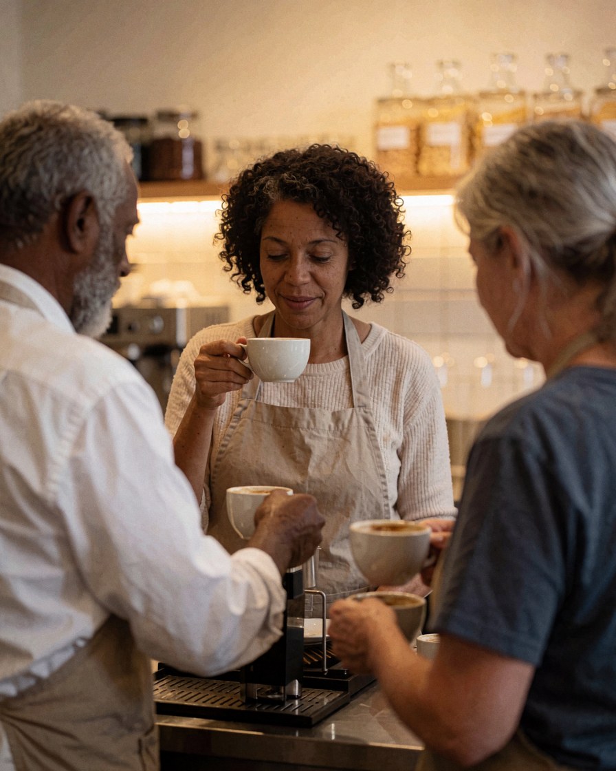 Une cliente souriante déguste une tasse de café dans un cadre urbain agréable, profitant d'un moment de détente.