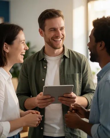 Trois personnes souriantes travaillant ensemble dans un bureau moderne avec une tablette, ambiance agréable et lumière naturelle.