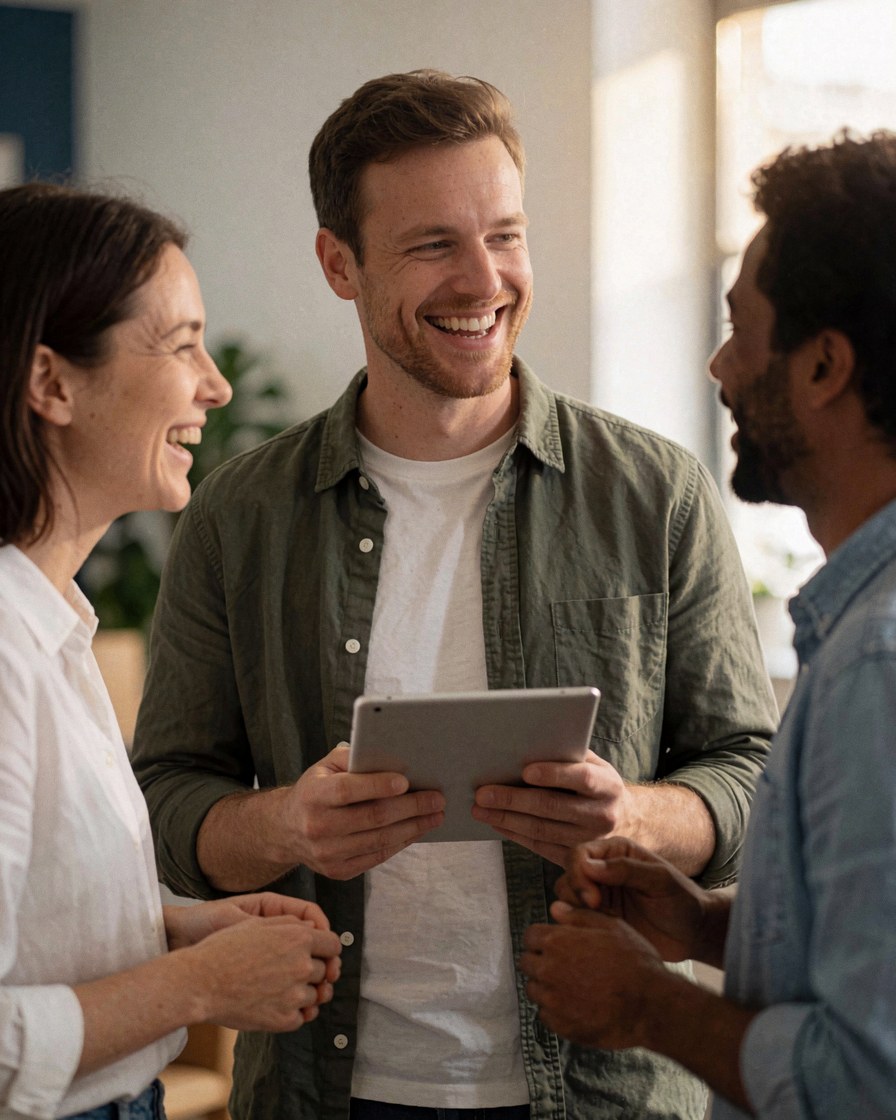 Trois personnes souriantes travaillant ensemble dans un bureau moderne avec une tablette, ambiance agréable et lumière naturelle.