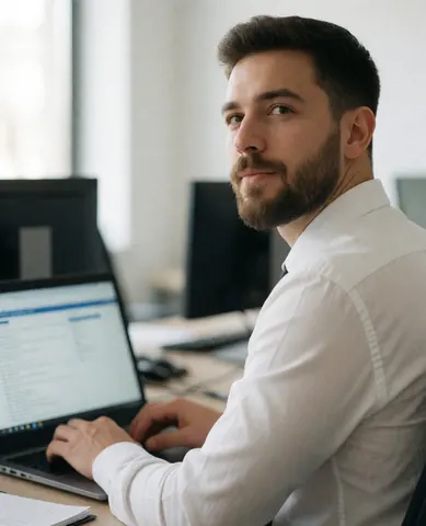 Jeune homme barbu en chemise blanche assis à un bureau moderne, regardant l'appareil photo avec confiance.