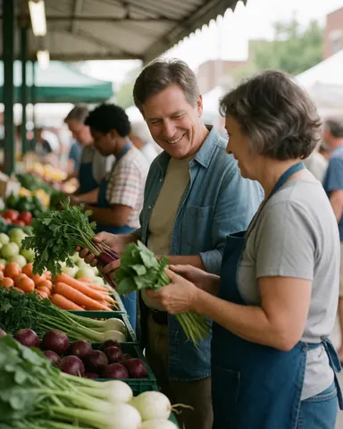 Un couple souriant examine des légumes frais sur un stand de marché en plein air.