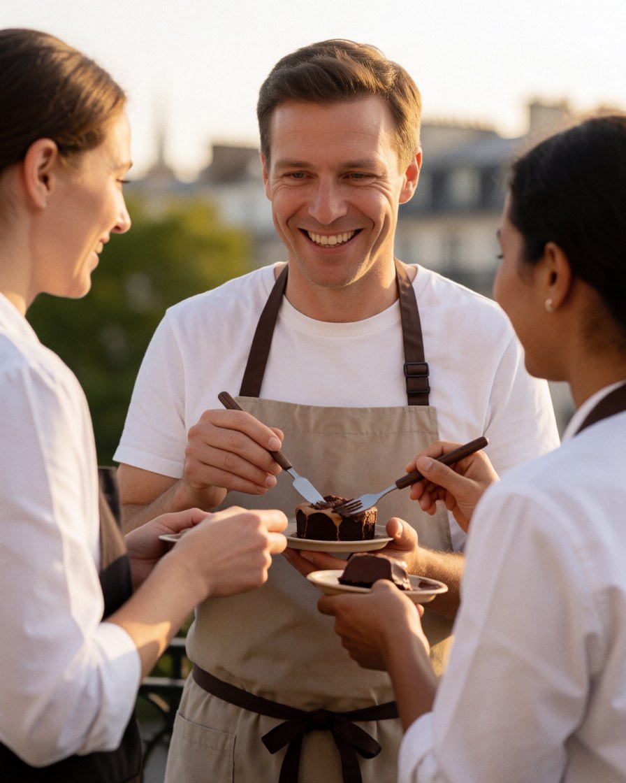 Trois personnes souriantes partagent un moment de détente en dégustant un gâteau au chocolat sur une terrasse avec vue sur la ville.