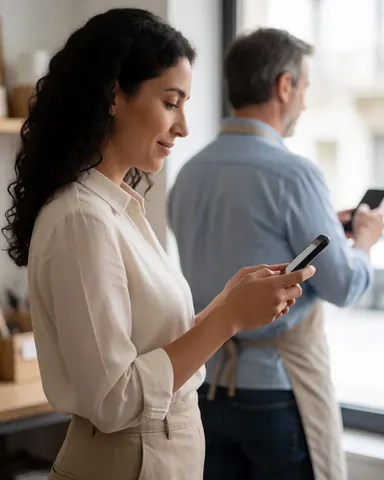 Une femme d'affaires souriante consulte son smartphone debout près d'une fenêtre baignée de lumière naturelle dans un bureau moderne, avec un homme en costume vu de dos en arrière-plan.