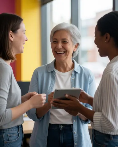 Trois femmes rient pendant une réunion d'équipe tout en consultant une tablette dans un bureau lumineux aux murs colorés.