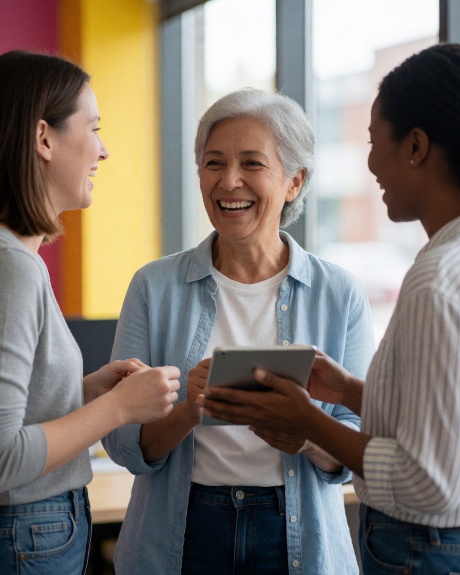 Trois femmes rient pendant une réunion d'équipe tout en consultant une tablette dans un bureau lumineux aux murs colorés.