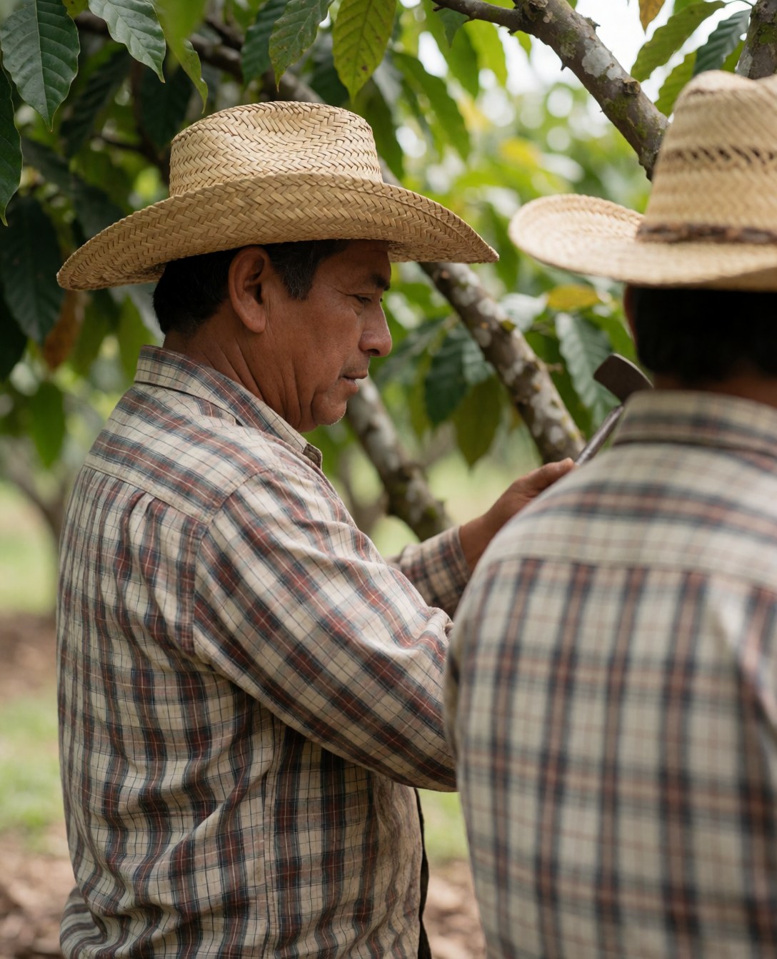 Un agriculteur mexicain portant un chapeau de paille et une chemise à carreaux travaille dans un champ de cacaoyers en extérieur.