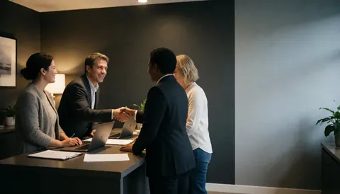 Prise de vue rapprochée de mains serrant un accord lors de la signature d'un document contractuel sur un bureau en bois avec un ordinateur portable.