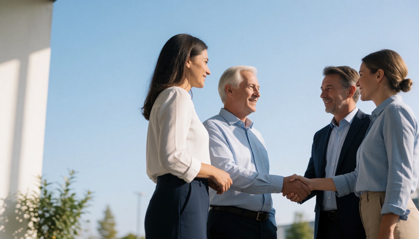 Quatre professionnels souriants se serrent la main devant un bâtiment moderne sous un ciel bleu clair, symbolisant un accord commercial.