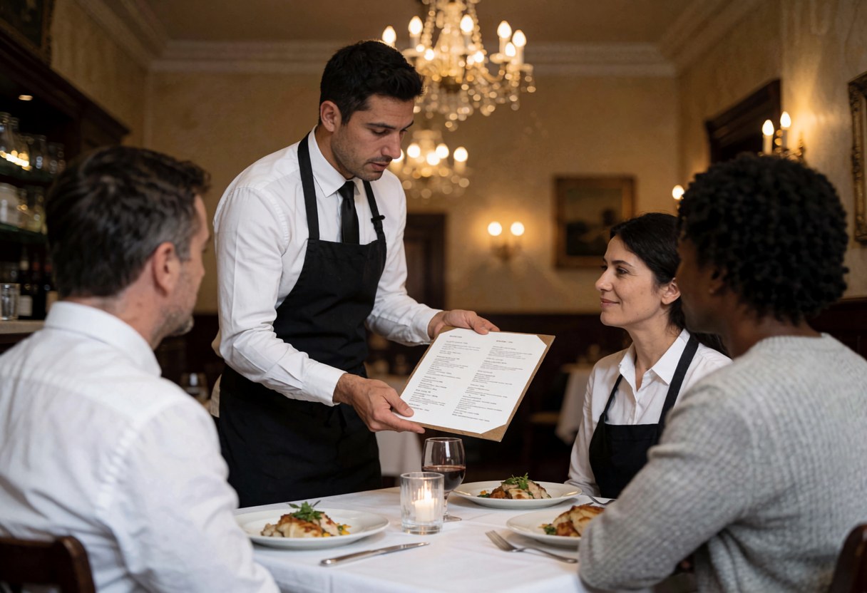 Un serveur présente un menu à des clients assis à une table élégante avec de la vaisselle et du vin sous l'éclairage chaleureux d'un candélabre.