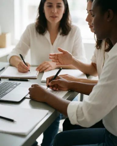 Deux professionnelles collaborent dans un espace lumineux, prenant des notes et discutant devant un ordinateur portable et des carnets.