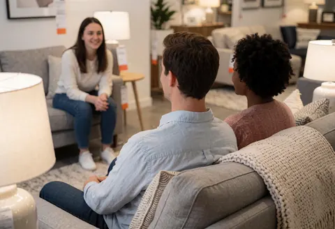 Un couple souriant teste la commodité d'un canapé dans une boutique de meubles, avec des vendeuses et des accessoires visibles.