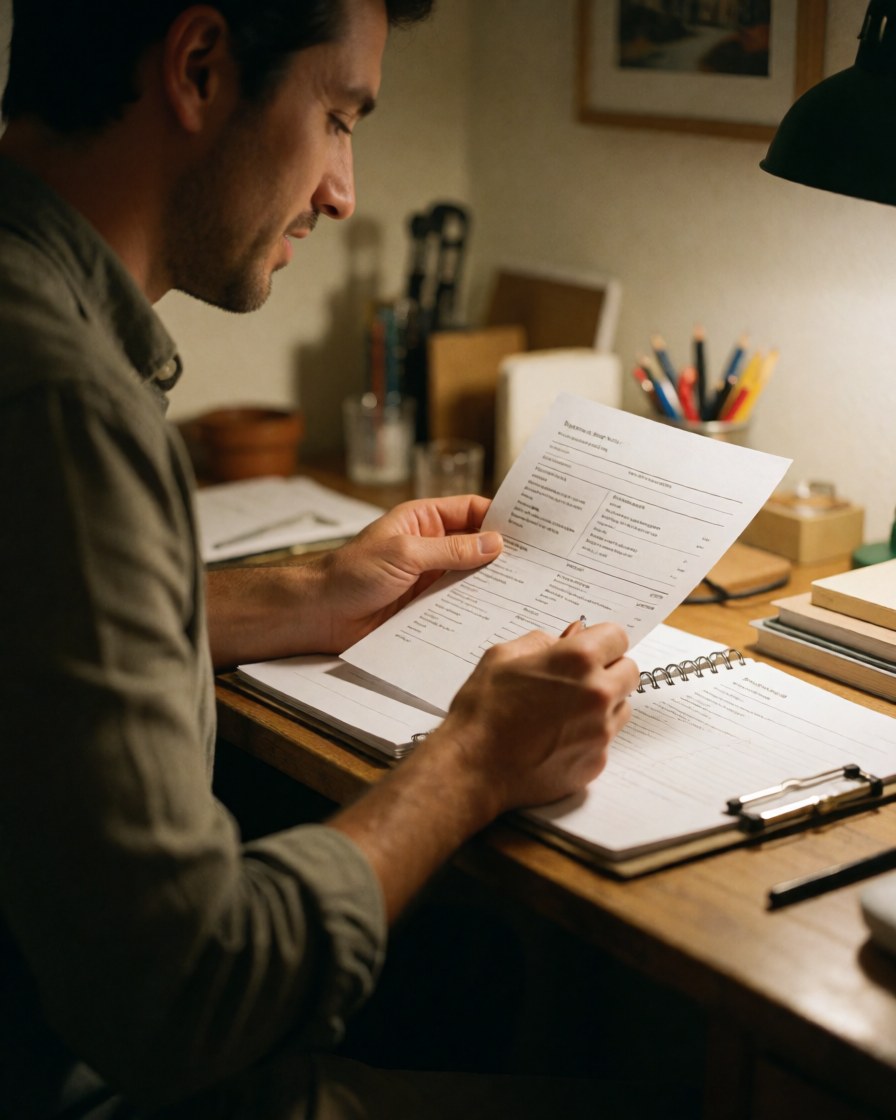 Un homme consulte des papiers sur une table en bois dans un bureau, entouré d'un carnet, d'un stylo et de crayons, baigné d'une lumière chaleureuse.