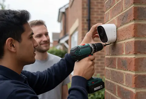 Un technicien installe une caméra de surveillance sur un mur en briques à l'extérieur pour assurer la sécurité du domicile.