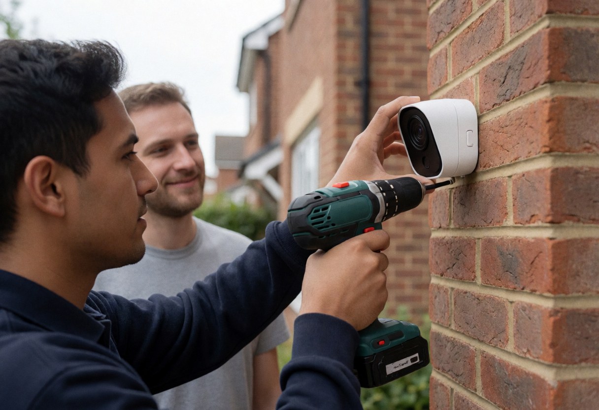 Un technicien installe une caméra de surveillance sur un mur en briques à l'extérieur pour assurer la sécurité du domicile.