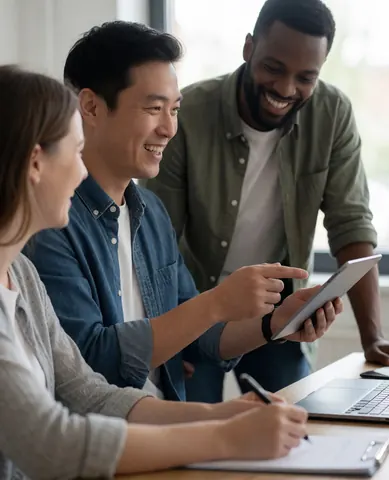 Trois personnes en réunion dans une agence de voyages, vérifiant un itinéraire sur une tablette tout en souriant et collaborant dans un bureau moderne.