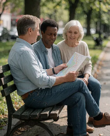 Un couple de personnes âgées examine une carte papier assis sur un banc en bois, préparant leur itinéraire de voyage sous la lumière naturelle avec des arbres en arrière-plan.