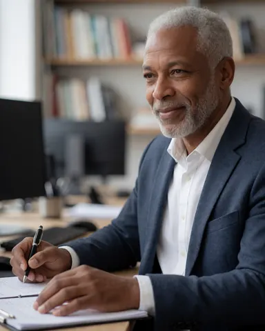 Un professionnel de l'analyse de données prend des notes dans un carnet sur son bureau, entouré d'un ordinateur et de livres.