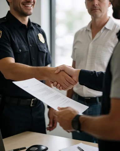 Un propriétaire et un agent de sécurité signent un document dans un bureau, exprimant satisfaction et confiance professionnelle.