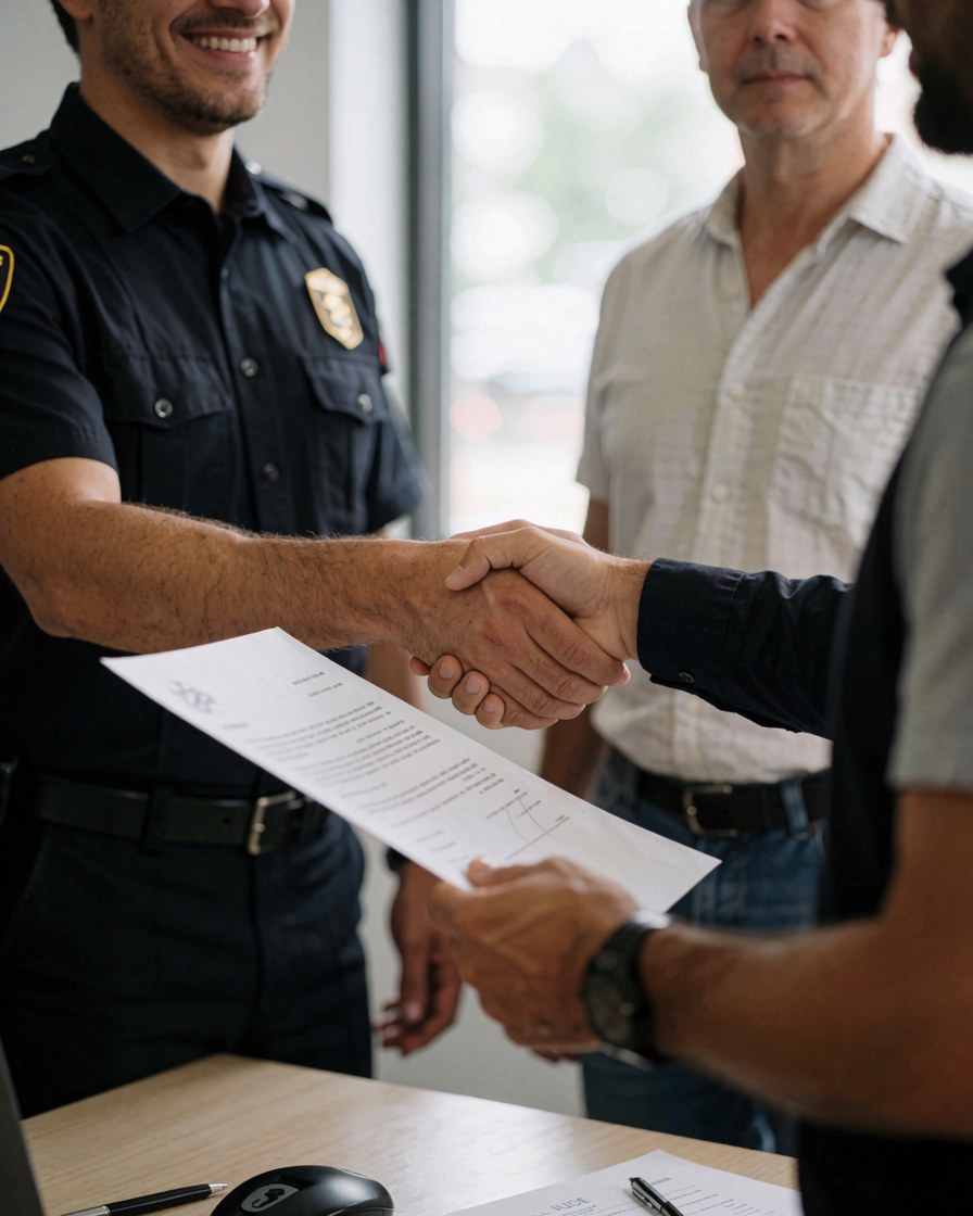 Un propriétaire et un agent de sécurité signent un document dans un bureau, exprimant satisfaction et confiance professionnelle.