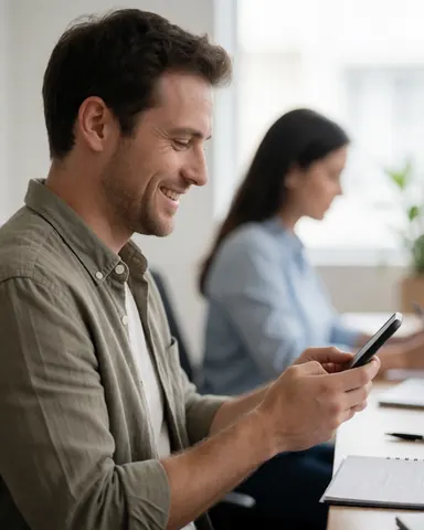 Un homme d'affaires heureux consulte son smartphone dans un bureau lumineux, avec une collègue floue en arrière-plan, évoquant la satisfaction professionnelle.