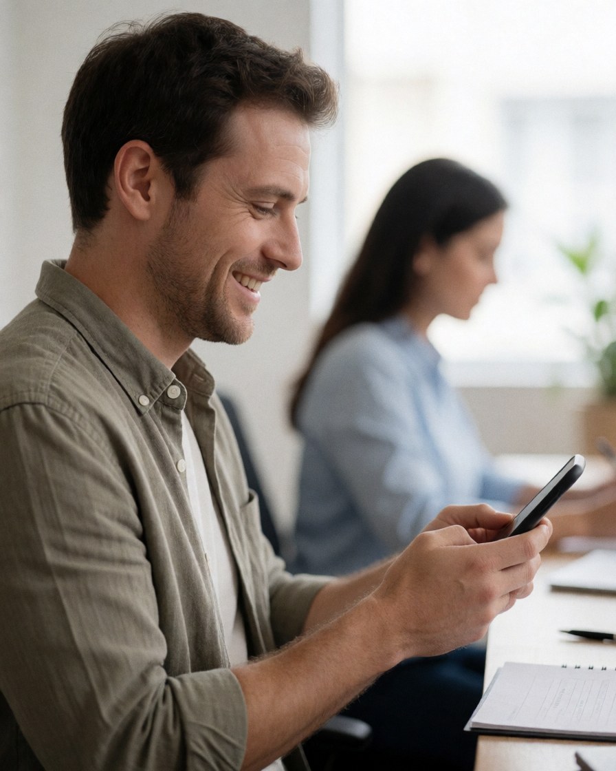 Un homme d'affaires heureux consulte son smartphone dans un bureau lumineux, avec une collègue floue en arrière-plan, évoquant la satisfaction professionnelle.