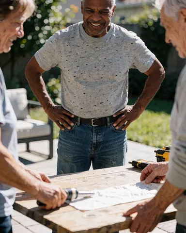 Un homme souriant tenant des outils de bricolage dans un jardin ensoleillé, illustrant la satisfaction liée à une rénovation réussie.