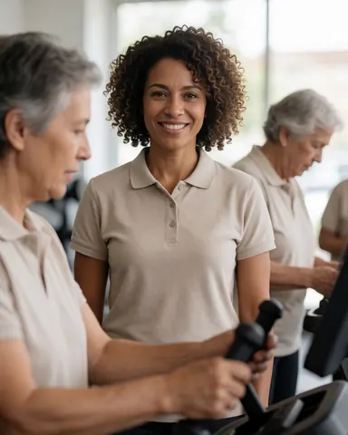 Une entraîneuse professionnelle sourit dans un gymnase équipé, baignée de lumière naturelle.