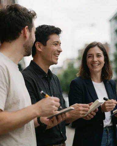 Trois personnes souriantes lors d'une réunion en plein air, l'une écrit dans un carnet, l'autre tient un stylo, dans un cadre urbain ensoleillé, ambiance professionnelle et détendue.