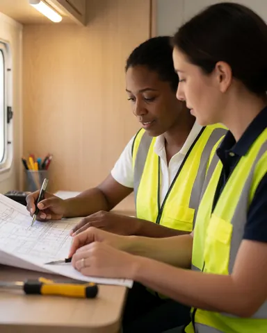 Deux femmes en gilets de sécurité consultent un plan de construction assises dans une remorque, l'une écrit tandis que l'autre observe, avec des outils sur la table.