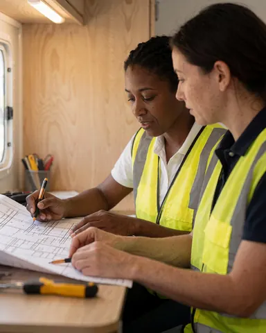 Deux femmes en gilets de sécurité consultent un plan de construction assises dans une remorque, l'une écrit tandis que l'autre observe, avec des outils sur la table.