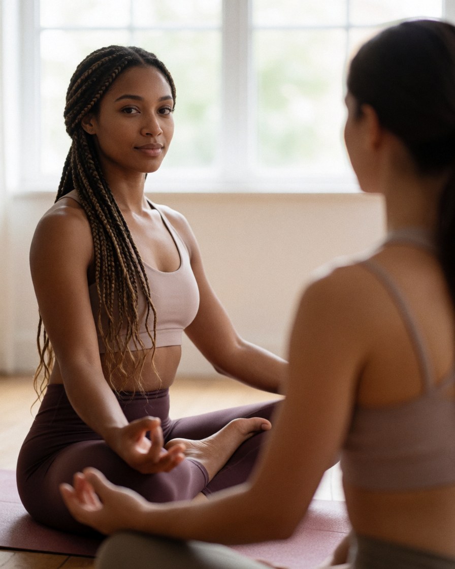 Une instructrice de yoga est assise en position de méditation dans un intérieur lumineux avec une fenêtre.