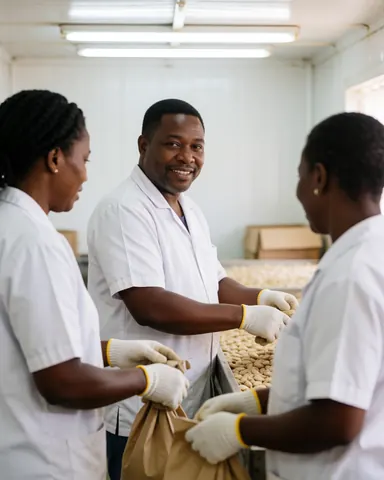 Trois employés en uniforme blanc et gants traitent des fèves de cacao sur une table sous éclairage fluorescent dans un atelier de séchage.
