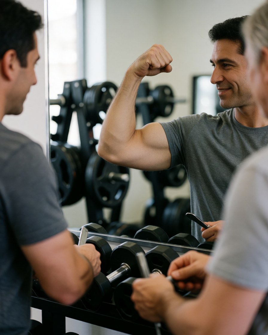 Un homme souriant regarde son reflet dans un miroir du gymnase, fière de ses progrès musculaires et de sa force acquise grâce à l'entraînement.