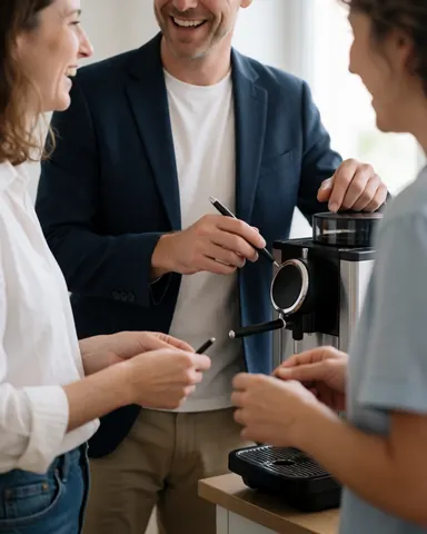 Trois personnes dans un studio de marketing préparent du café avec une machine, souriant et travaillant ensemble dans une ambiance détendue et créative.