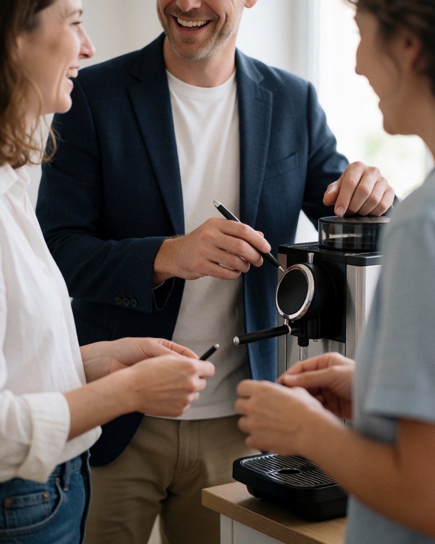 Trois personnes dans un studio de marketing préparent du café avec une machine, souriant et travaillant ensemble dans une ambiance détendue et créative.