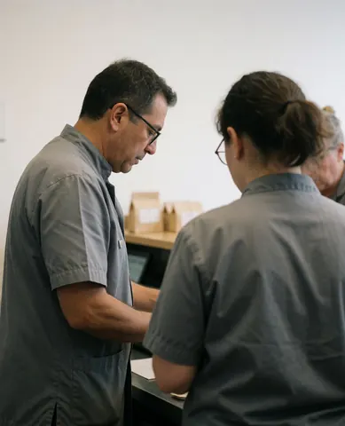 Personnel de gymnase en uniforme gris accueillant un client à la réception, devant un ordinateur et une caisse enregistreuse sur fond blanc neutre.