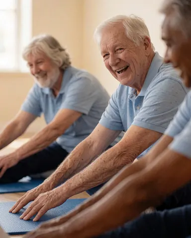 Des seniors souriants effectuent des exercices d'étirement sur des tapis bleus dans une salle de gym, créant une ambiance chaleureuse et sociale.