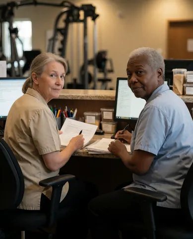 Deux femmes travaillent à la réception d'une salle de sport, entourées d'ordinateurs et de documents, avec des équipements de fitness en arrière-plan.