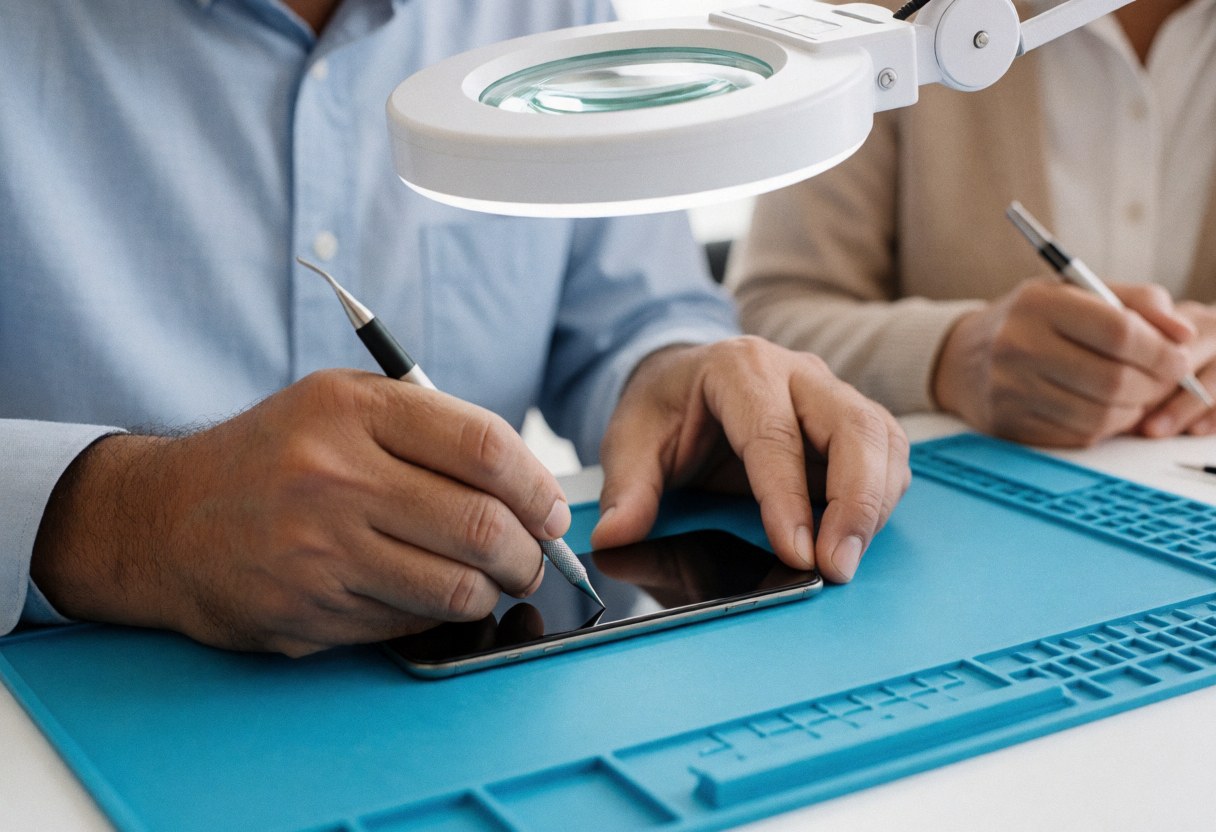 Un technicien effectue une réparation de téléphone portable sur une surface antistatique en utilisant des outils et une loupe pour plus de précision.