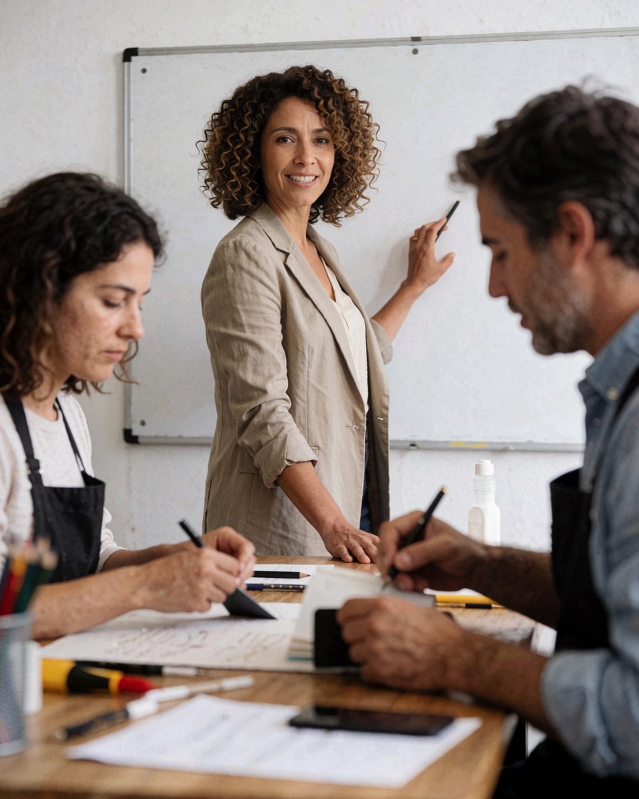Une instructrice explique un cours à des étudiants qui prennent des notes, devant un tableau blanc et des matériaux sur une table.